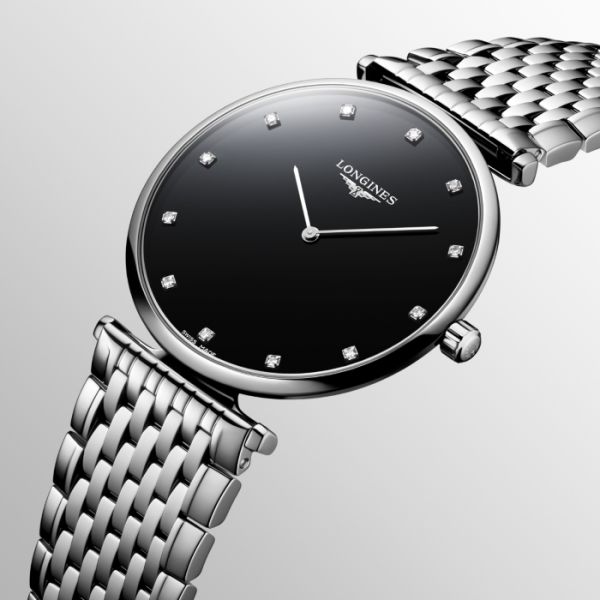 Montre La Grande Classique De Longines Cadran Noir laqué poli Bracelet Acier