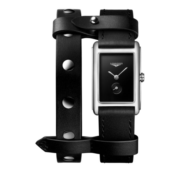 Montre Longines Dolcevita X Yvy Cadran Noir laqué poli Bracelet cuir