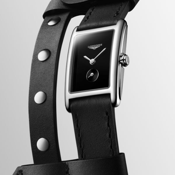 Montre Longines Dolcevita X Yvy Cadran Noir laqué poli Bracelet cuir