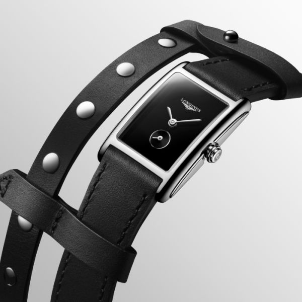 Montre Longines Dolcevita X Yvy Cadran Noir laqué poli Bracelet cuir