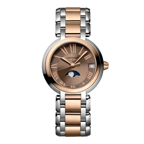 Montre Longines Primaluna Moonphase Cadran Taupe Bracelet acier Coiffe Or Rose