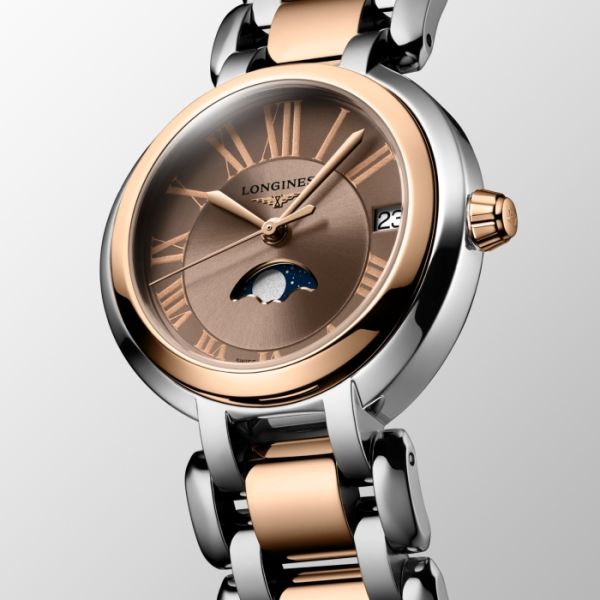 Montre Longines Primaluna Moonphase Cadran Taupe Bracelet acier Coiffe Or Rose