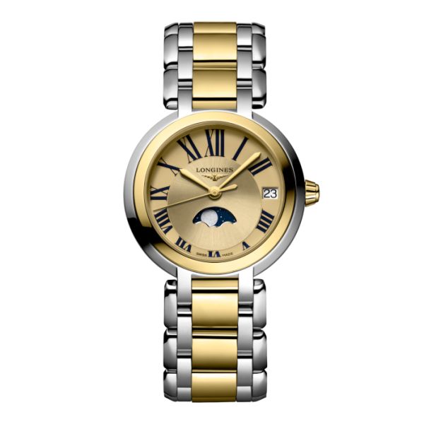 Montre Longines Primaluna Moonphase Cadran Doré Bracelet Acier Coiffe Or Rose