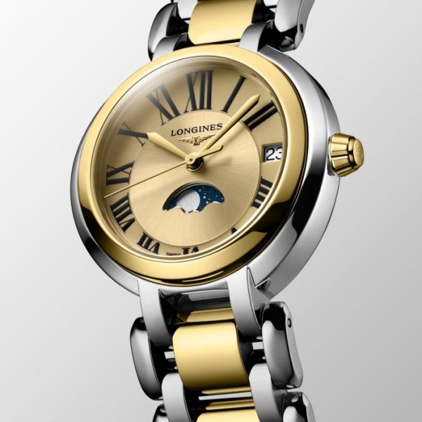 Montre Longines Primaluna Moonphase Cadran Doré Bracelet Acier Coiffe Or Rose