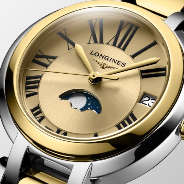 Montre Longines Primaluna Moonphase Cadran Doré Bracelet Acier Coiffe Or Rose