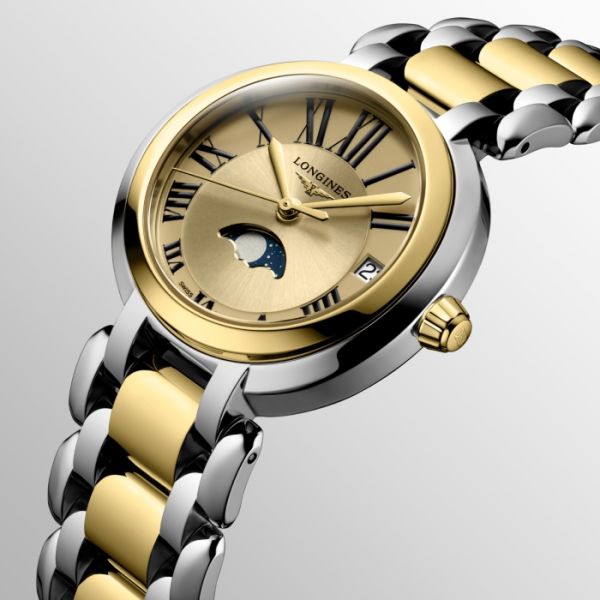 Montre Longines Primaluna Moonphase Cadran Doré Bracelet Acier Coiffe Or Rose