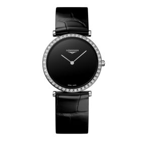 Montre La Grande Classique De Longines Monochrome Cadran Noir laqué poli Bracelet Alligator