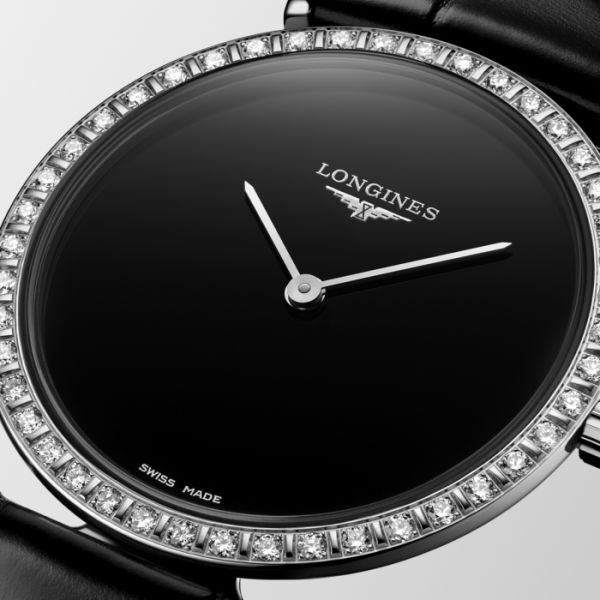 Montre La Grande Classique De Longines Monochrome Cadran Noir laqué poli Bracelet Alligator