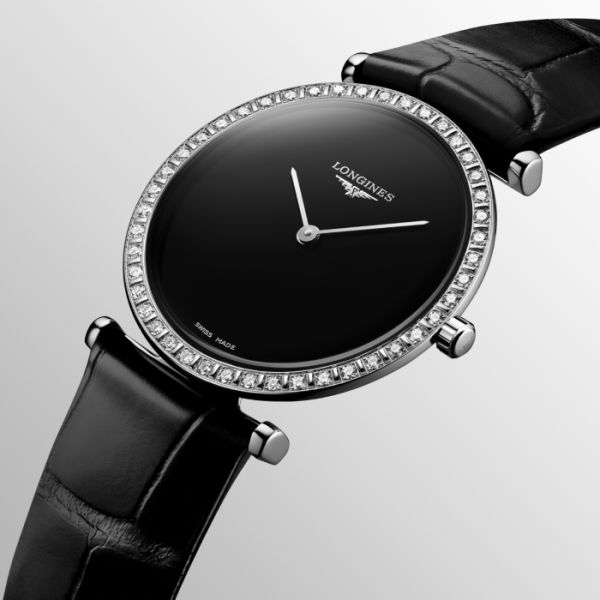 Montre La Grande Classique De Longines Monochrome Cadran Noir laqué poli Bracelet Alligator