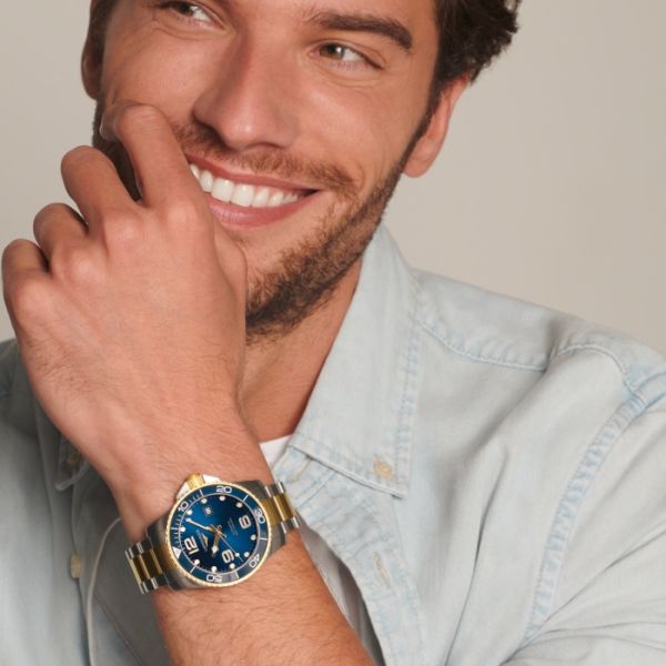 Montre Hydroconquest Cadran Bleu soleillé Bracelet Acier et PVD jaune