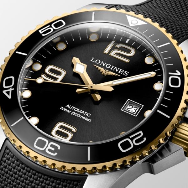 Montre Hydroconquest Cadran Noir soleillé Bracelet caoutchouc