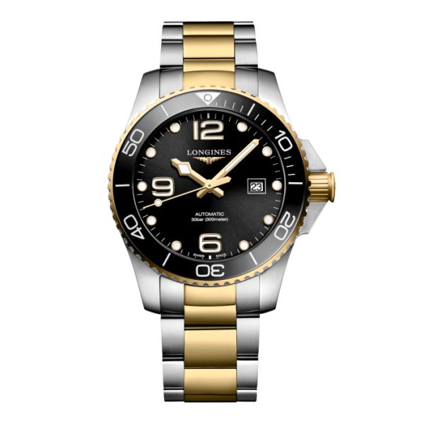 Montre Hydroconquest Cadran Noir soleillé Bracelet Acier et PVD jaune