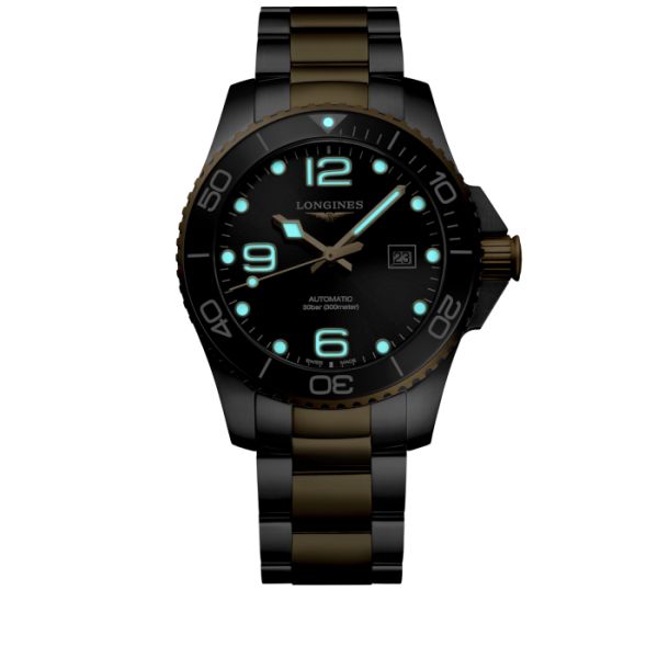 Montre Hydroconquest Cadran Noir soleillé Bracelet Acier et PVD jaune