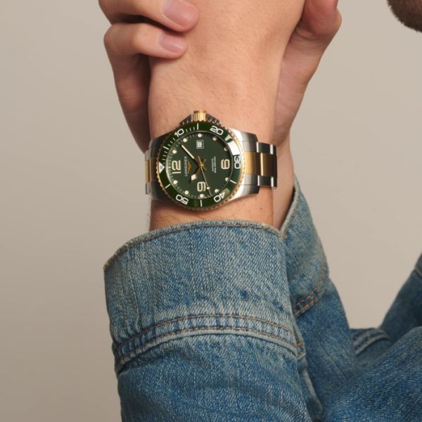 Montre Hydroconquest Cadran Vert mat Bracelet Acier et PVD jaune