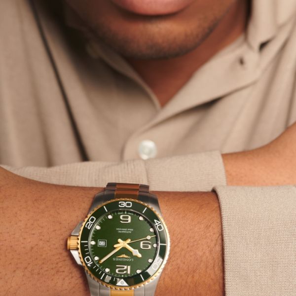 Montre Hydroconquest Cadran Vert mat Bracelet Acier et PVD jaune