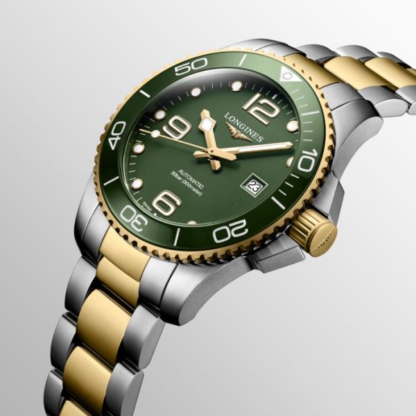 Montre Hydroconquest Cadran Vert mat Bracelet Acier et PVD jaune