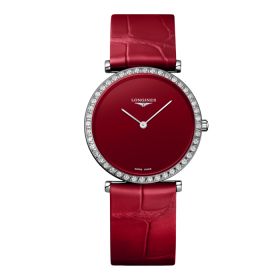 Montre La Grande Classique De Longines Monochrome Cadran Rouge laqué poli Bracelet Alligator