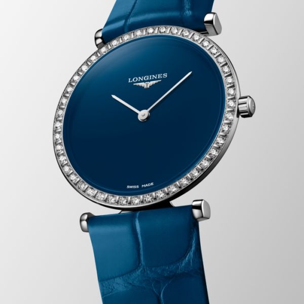 Montre La Grande Classique De Longines Monochrome Cadran Bleu laqué poli Bracelet Alligator