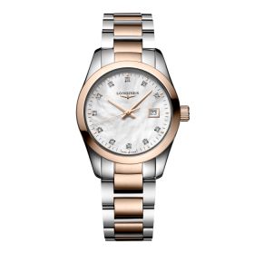 Montre Conquest Classic Cadran Nacre blanche Bracelet Acier PVD rouge