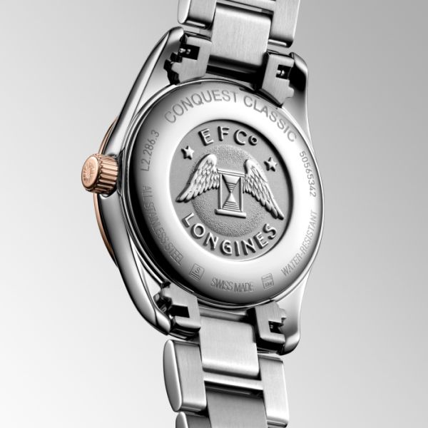 Montre Conquest Classic Cadran Nacre blanche Bracelet Acier PVD rouge