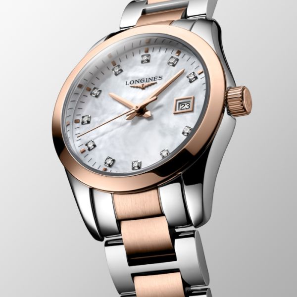 Montre Conquest Classic Cadran Nacre blanche Bracelet Acier PVD rouge