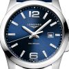 Montre Conquest Cadran Bleu soleillé Bracelet cuir