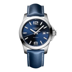 Montre Conquest 41mm Cadran Bleu soleillé Bracelet cuir