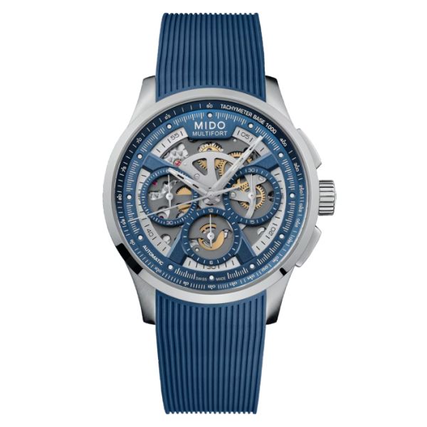 Montre Mido Multifort Skeleton Chronographe Bracelet Caoutchouc Bleu