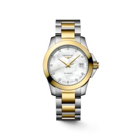 Montre Conquest Cadran Nacre blanche Bracelet Acier et PVD jaune