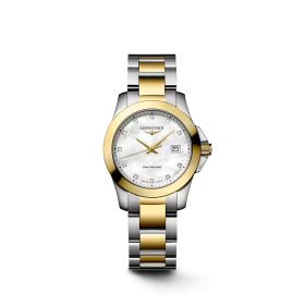Montre Conquest Cadran Nacre blanche Bracelet Acier et PVD jaune