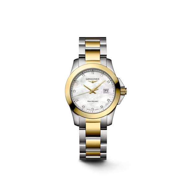 Montre Conquest Cadran Nacre blanche Bracelet Acier et PVD jaune