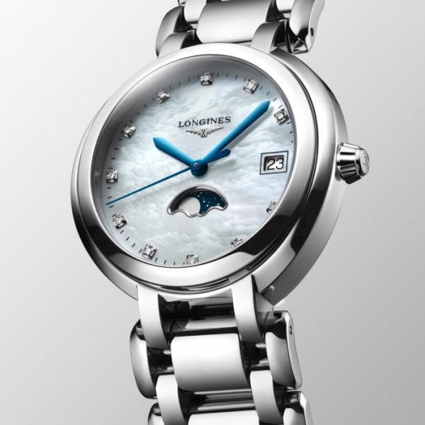 Montre Longines Primaluna Moonphase Cadran Nacre blanche Bracelet Acier