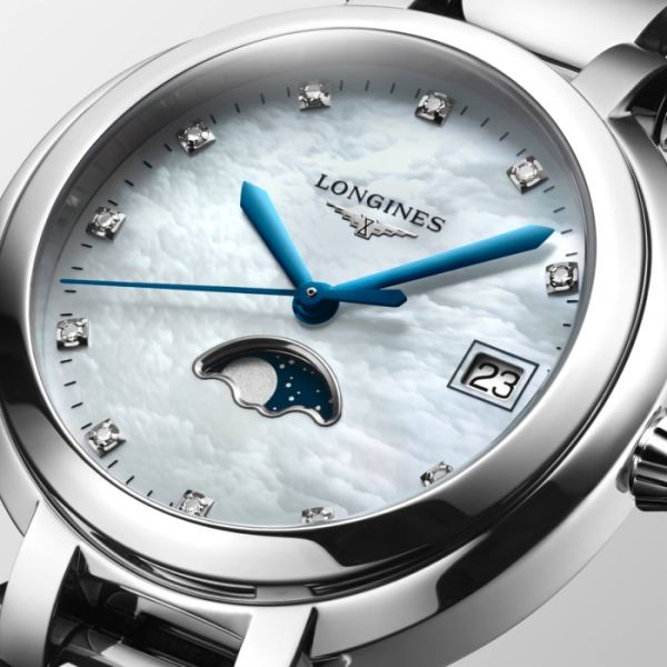 Montre Longines Primaluna Moonphase Cadran Nacre blanche Bracelet Acier