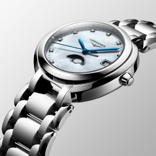 Montre Longines Primaluna Moonphase Cadran Nacre blanche Bracelet Acier