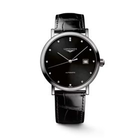 Montre Longines Elegant Collection Cadran Noir soleillé Bracelet Alligator