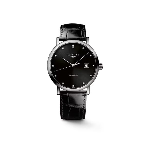 Montre Longines Elegant Collection Cadran Noir soleillé Bracelet Alligator