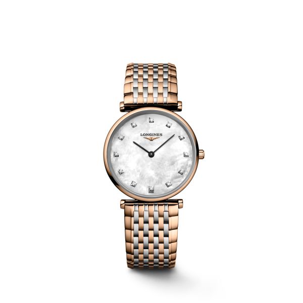 Montre La Grande Classique De Longines Cadran Nacre blanche Bracelet Acier PVD rouge