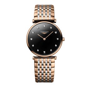 Montre La Grande Classique De Longines Cadran Noir laqué poli Bracelet Acier PVD rouge