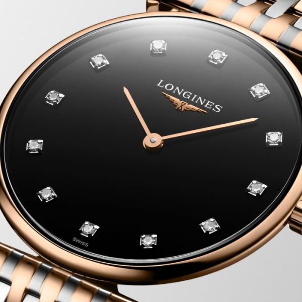 Montre La Grande Classique De Longines Cadran Noir laqué poli Bracelet Acier PVD rouge