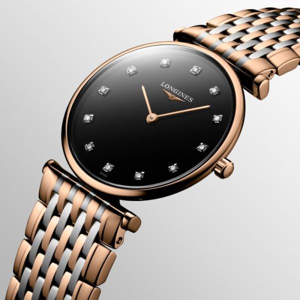 Montre La Grande Classique De Longines Cadran Noir laqué poli Bracelet Acier PVD rouge