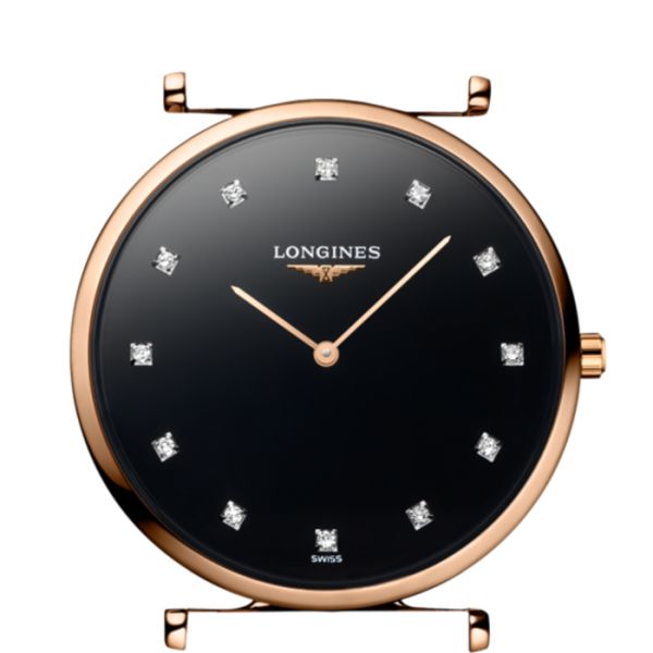 Montre La Grande Classique De Longines Cadran Noir laqué poli Bracelet Acier PVD rouge