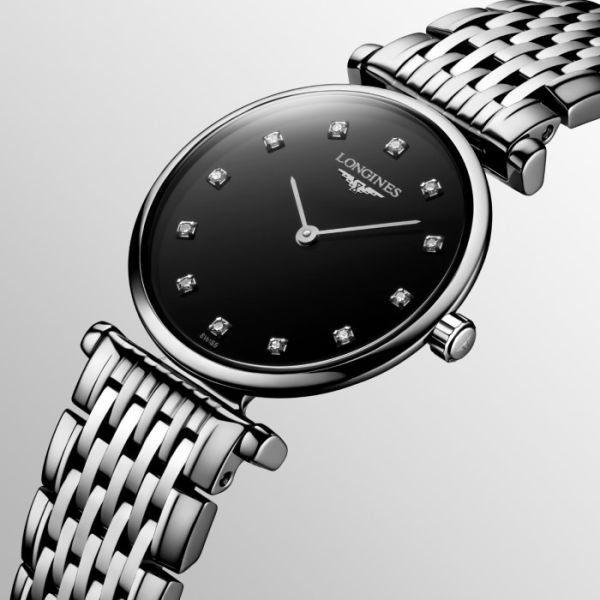 Montre La Grande Classique De Longines Cadran Noir laqué poli Bracelet Acier