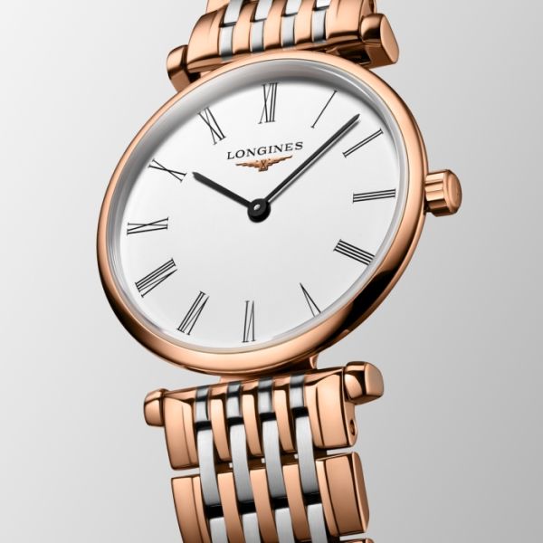Montre La Grande Classique De Longines Cadran Blanc Bracelet Acier PVD rouge