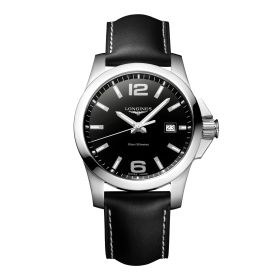 Montre Longines Conquest Cadran Noir laqué poli Bracelet cuir