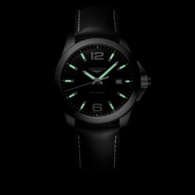 Montre Longines Conquest Cadran Noir laqué poli Bracelet cuir