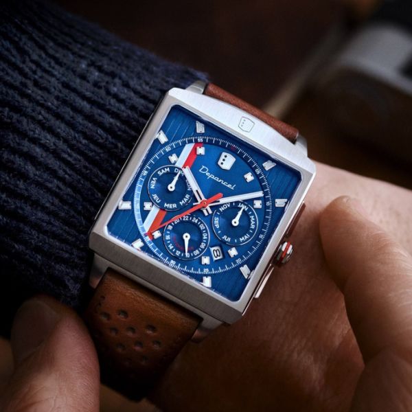 Montre Depancel Série-R01 Blue Calendrier Automatique Bracelet Racing Marron