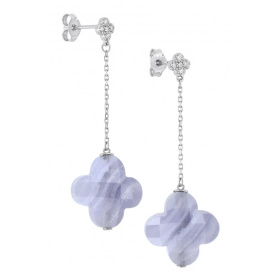 Boucles d'oreilles Morganne Bello Or Blanc Agate Bleue Dentelle Diamants