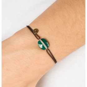 Bracelet Morganne Bello Aurore Or Jaune Agate Verte Diamants Cordon Chocolat