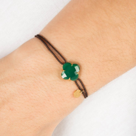 Bracelet Morganne Bello Victoria Or Jaune Agate Verte Cordon Chocolat