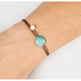 Bracelet Morganne Bello Aurore Or Jaune Turquoise Diamants Cordon Taupe
